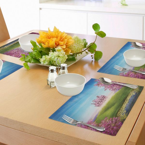Tovagliette Abakuhaus Princess, Paesaggio Fiabesco Con Fiori Allegri E Natura Groenlandese Romance, Tiscjdeco In Tessuto Resistente Al Lavaggio Per La Sala Da Pranzo E La Cucina, Verde Rosa Blu-image
