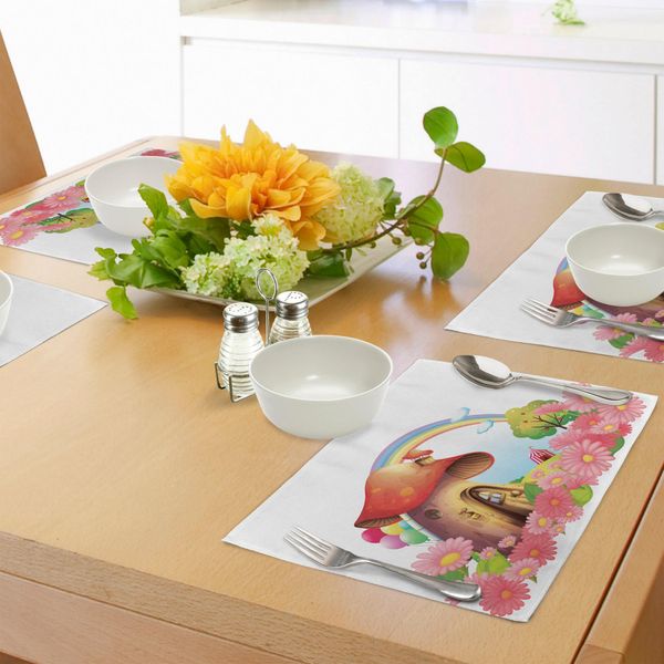 Tovagliette Abakuhaus A Forma Di Fungo, Piccola Casetta A Forma Di Fungo Nel Giardino Di Fiori, Arcobaleno, Alberi Da Frutto, Circo, Tende, Palloncini, Decorazioni Da Tavola In Tessuto Resistente Al Lavaggio Per La Sala Da Pranzo E La Cucina, Multicolore-image
