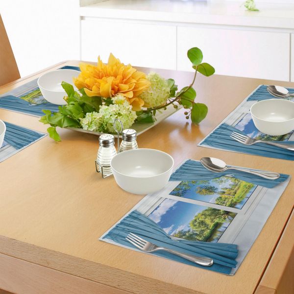 Abakuhaus Tovagliette Rustiche, Panorama Rurale Riflesso Nell'acqua Di Un Albero In Estate, Tiscjdeco In Tessuto Resistente Al Lavaggio Per La Sala Da Pranzo E La Cucina, Blu-Grigio Bianco Verde-image