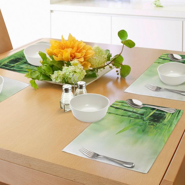 Tovagliette Asiatiche Abakuhaus, Riflessi Di Steli Di Bambù Sfocati Sull'acqua, Freschezza Della Natura Giapponese, Zen Spa, Tiscjdeco In Tessuto Resistente Al Lavaggio Per La Sala Da Pranzo E La Cucina, Giallo Chiaro Verde-image