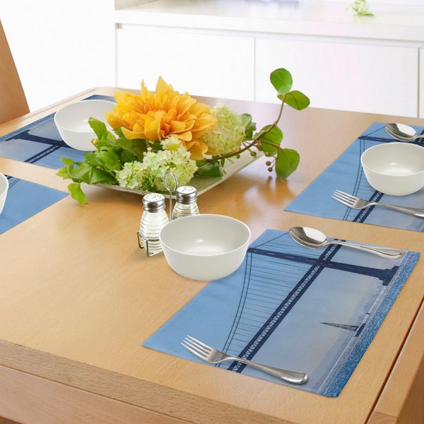 Tovagliette Abakuhaus Con Barca A Vela, San Francisco Bay Bridge Barca A Vela Dal Pier 7 In California Usa Stampa Fotografica Del Simbolo Della Città, Tiscjdeco In Tessuto Resistente Al Lavaggio Per La Sala Da Pranzo E La Cucina, Blu-image