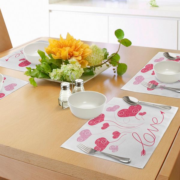 Abakuhaus Tovagliette, Tema Amore-Cuore A Forma Di Palloncino, Festa, Divertimento, Felicità, Stampa Retrò, Decorazione Da Tavola In Tessuto Resistente Al Lavaggio Per Sala Da Pranzo E Cucina, Magenta Bianco Cipria Rosa-image