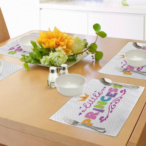 Tovagliette Per Ragazze Adolescenti Abakuhaus, Scritta Little Princess Su Sfondo A Pois Con Allegra Illustrazione, Tessuto Lavabile E Resistente Al Lavaggio Per Sala Da Pranzo E Cucina, Colore Fucsia E Verde.-image