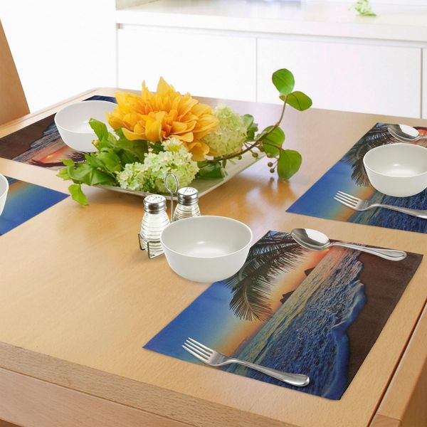 Abakuhaus Tovagliette Hawaiane, Pacific Sunrise Presso Lanikai Beach Hawaii Cielo Colorato Scena Ondulata Della Superficie Dell'oceano, Tiscjdeco In Tessuto Resistente Al Colore Per La Sala Da Pranzo E La Cucina, Marrone Blu-image