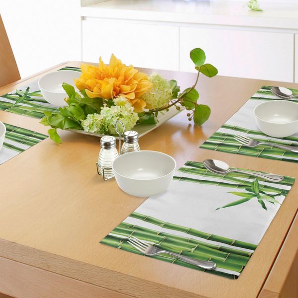 Tovagliette Asiatiche Abakuhaus, Rami Di Bambù, Foglie Tropicali, Verde Fengshui Natural Lush, Decorazioni Da Tavola In Tessuto Resistente Al Lavaggio Per La Sala Da Pranzo E La Cucina, Verde Felce Bianco-image