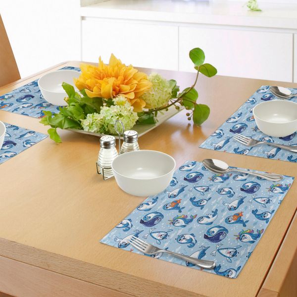 Tovagliette Abakuhaus Con Animali Marini, Seal Pup Cartoon Aquatic Wildlife Abbraccio Amichevole Bolle D'acqua Bambini, Tiscjdeco In Tessuto Resistente Al Lavaggio Per La Sala Da Pranzo E La Cucina, Calendula Bianco Blu-image