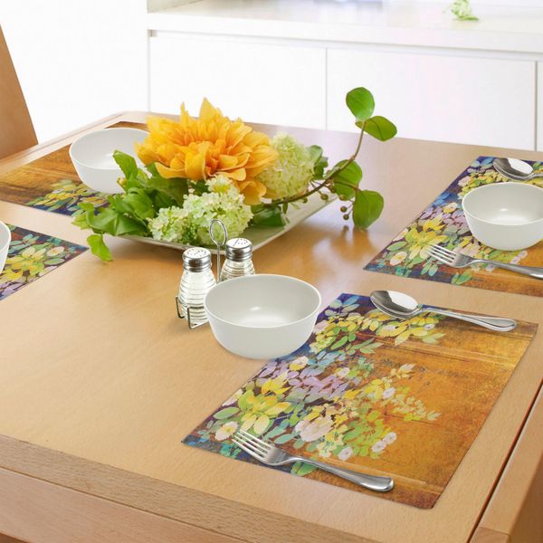 Abakuhaus Tovagliette Acquerello Con Fiori, Delicati Fiori Primaverili Colorati E Foglie Su Sfondo Retrò Nebbioso, Arte Naturale, Stampa Digitale Su Tessuto Lavabile, Decorazione Da Tavola Per La Cucina, Multicolore-image