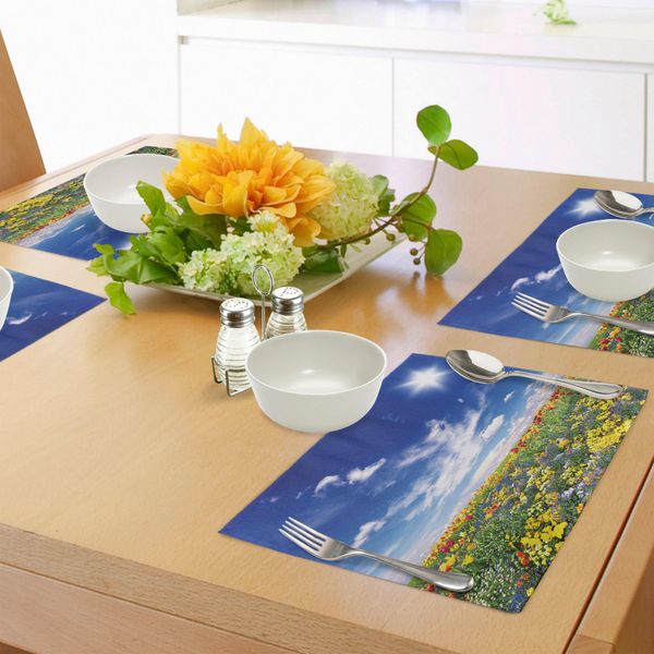 Abakuhaus Tovagliette Con Motivi Floreali, Prato Fiorito E Cielo Nuvoloso - Stampa Paesaggio Naturale - Vivid Sun Springtime Artistico, Tiscjdeco In Tessuto Resistente Al Lavaggio Per Sala Da Pranzo E Cucina, Multicolore-image
