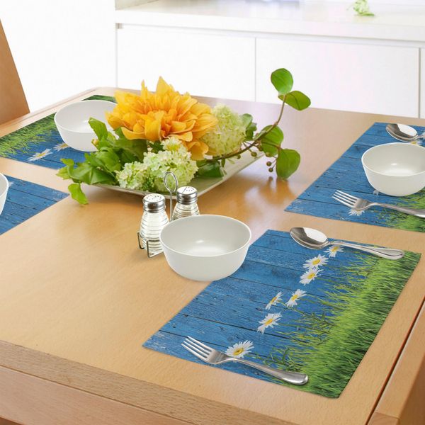 Tovagliette Abakuhaus Con Motivi Floreali, Erba Fresca Primaverile E Margherite Su Recinzione, Stampa Estiva In Stile Vintage, Decorazioni Da Tavola In Tessuto Resistente Al Lavaggio Per Sala Da Pranzo E Cucina, Bianco, Verde, Blu-image
