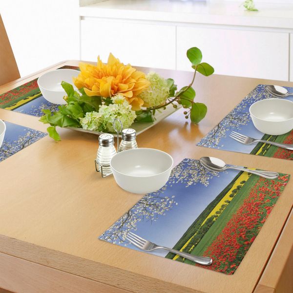 Tovagliette Abakuhaus Con Motivi Floreali, Campo Di Papaveri Con Panorama Primaverile E Alberi In Fiore In Un Prato Naturale, Tiscjdeco In Tessuto Resistente Al Lavaggio Per Sala Da Pranzo E Cucina, Multicolore-image