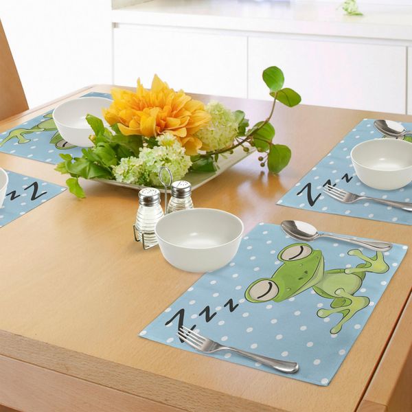 Tovagliette Abakuhaus Con Caricature, Principe Ranocchio Addormentato Su Sfondo A Pois Con Cappellino - Simpatico Disegno Con Animali, Tiscjdeco In Tessuto Resistente Ai Colori Per La Sala Da Pranzo E La Cucina, Verde Blu-image