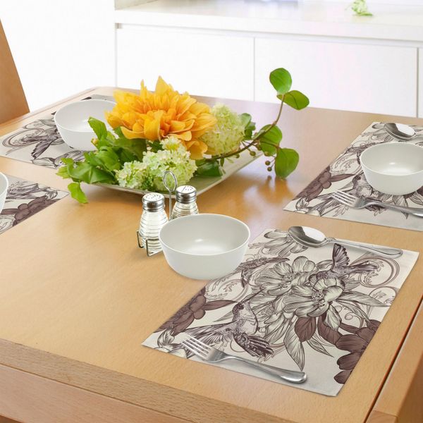 Tovagliette Abakuhaus Kolibri, Motivo Con Uccelli E Fiori - Stile Classico - Disegno Ornamentale - Stampa Floreale, Tiscjdeco In Tessuto Resistente Al Lavaggio Per Sala Da Pranzo E Cucina, Marrone Avorio-image
