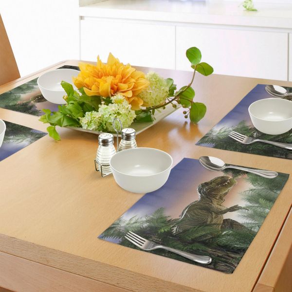 Tovagliette Abakuhaus Jurassic, Dinosauri Nella Giungla Alberi Foresta Natura Foresta Predatori Spaventosi Violenza, Tiscjdeco In Tessuto Resistente Al Lavaggio Per La Sala Da Pranzo E La Cucina, Pesca Verde Blu-image