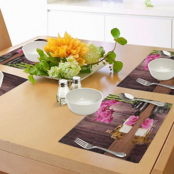 Tovagliette Abakuhaus Spa, Fiore Spa E Riflessi D'acqua Aromaterapia Bambù In Fiore Candlelight Print, Tiscjdeco In Tessuto Resistente Al Lavaggio Per Sala Da Pranzo E Cucina, Marrone Umbra Verde Rosa-image