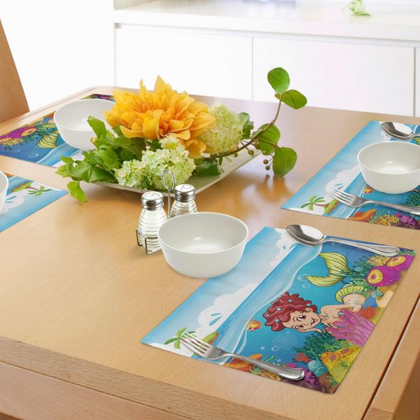 Tovagliette Subacquee Abakuhaus, Illustrazione Di Una Sirena Sorridente Sotto L'arte Dell'isola Con Palme E Giardino Marino, Tiscjdeco In Tessuto Resistente Al Colore Per La Sala Da Pranzo E La Cucina, Multicolore-image