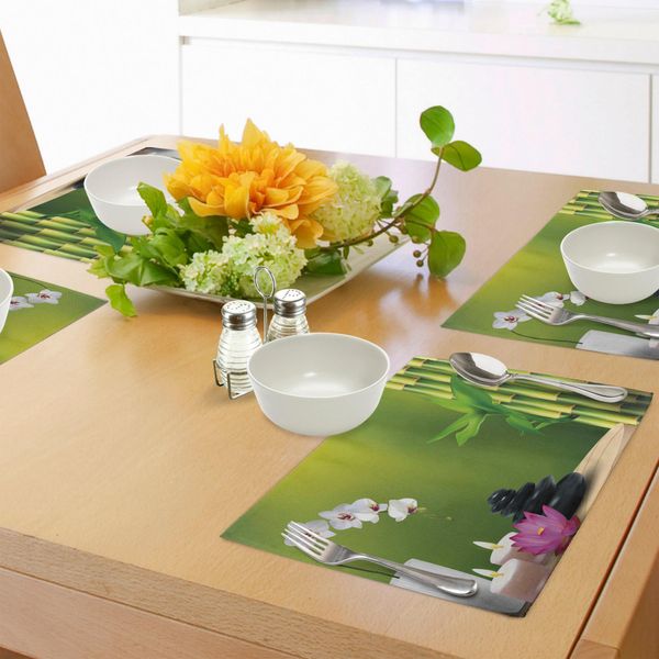 Tovagliette Abakuhaus Spa, Bambù, Fiori, Cera Di Pietra Sul Tavolo, Orchidee, Rocce, Tema Dello Stile Di Vita Sano, Sottobicchieri In Tessuto Lavabile, Decorazioni Per La Tavola Con Stampa, Verde Felce, Fucsia, Bianco-image