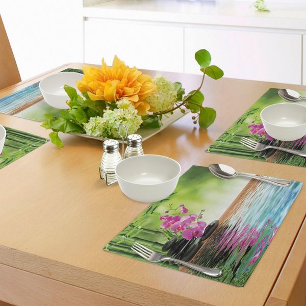 Tovagliette Abakuhaus Spa, Orchidea Fiore Pietra Cultura Orientale Spiritualità Benessere Vacanza Tropicale, Tiscjdeco In Tessuto Resistente Al Lavaggio Per Sala Da Pranzo E Cucina, Verde Felce Fucsia-image