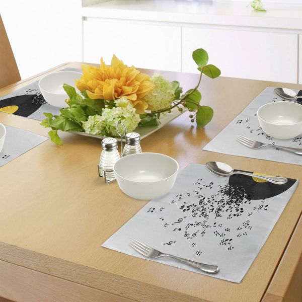 Tovagliette Abakuhaus, Design Astratto Flying Music Notes Cd Album Dancing Nightclub Print, Tiscjdeco In Tessuto Resistente Al Lavaggio Per Sala Da Pranzo E Cucina, Giallo, Nero E Avorio-image