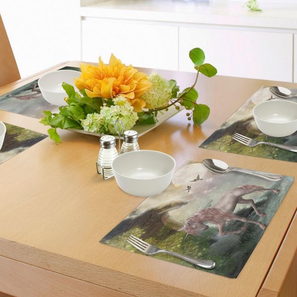 Abakuhaus Tovagliette Colibrì, Unicorno Verde Piuma Uccello Scintillante Stella Luna Fiaba Fantasy Mistica, Tiscjdeco In Tessuto Resistente Al Lavaggio Per Sala Da Pranzo E Cucina, Multicolore-image