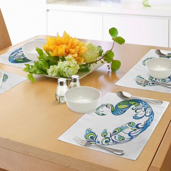 Abakuhaus Tovagliette Peacock, Peacock - Motivo Curvy Colorato - Fioritura Tropicale Estiva - Artful, Tiscjdeco In Tessuto Resistente Al Lavaggio Per Sala Da Pranzo E Cucina, Verde Rosa Blu-image