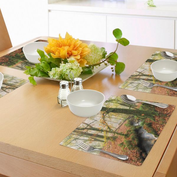 Tovagliette Abakuhaus Wald, Misty Autumn Woodland Stream Presso Golitha Cade Su Bodmin Moor In Cornovaglia, Tiscjdeco In Tessuto Resistente Al Lavaggio Per La Sala Da Pranzo E La Cucina, Arancione Giallo Verde-image