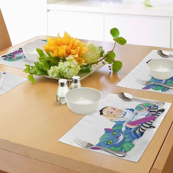 Abakuhaus Tovagliette Alice Nel Paese Delle Meraviglie, Alice Nel Paese Delle Meraviglie - Libro Di Lettura - Gatto - Immagine Colorata Di Felicità, Amore E Personaggi, Decorazione Da Tavola In Tessuto Resistente Al Lavaggio Per Sala Da Pranzo E Cucina, Multicolore-image