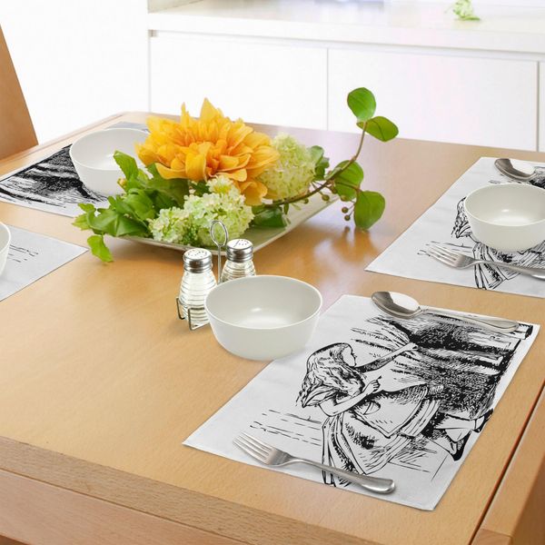 Abakuhaus Tovagliette Alice Nel Paese Delle Meraviglie, Alice In Bianco E Nero Che Guarda L'avventura Della Porta Nascosta Dalle Tende, Tiscjdeco In Tessuto Resistente Al Lavaggio Per La Sala Da Pranzo E La Cucina, Bianco E Nero-image