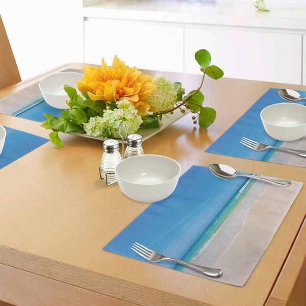 Tovagliette Abakuhaus Ocean, Summer Sandy Paradise Beach Sea E Sunny Sky Scene Secret Dream Room Nature Picture, Tiscjdeco In Tessuto Resistente Al Lavaggio Per La Sala Da Pranzo E La Cucina, Crema Blu-image