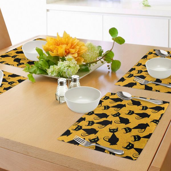 Tovagliette Abakuhaus, Motivo Gatti Neri Per Halloween Su Sfondo Arancione - Motivi Grafici Festivi, Decorazioni Da Tavola In Tessuto Resistente Al Lavaggio Per Sala Da Pranzo E Cucina, Arancione E Nero-image