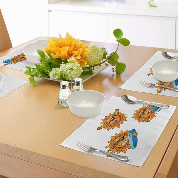 Tovagliette Abakuhaus Con Caricature, Simboli Surf Sun, Occhiali Da Sole E Tavole Da Surf. Divertente Design Hippie Estivo Per Bambini, Tiscjdeco In Tessuto Resistente Ai Colori Per La Sala Da Pranzo E La Cucina, Arancione E Bianco.-image