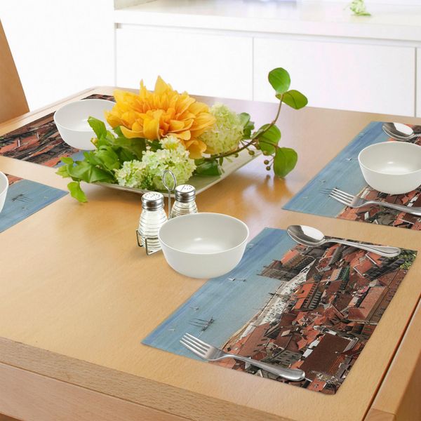 Tovagliette Abakuhaus In Stile Europeo, Con Vista Del Centro Di Lisbona, Portogallo, Con I Tetti E La Città Vecchia Sul Mare, Tessuto Lavabile E Resistente Allo Scolorimento Per Sala Da Pranzo E Cucina, Multicolore.-image