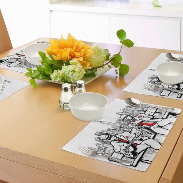 Tovagliette Abakuhaus, Jazz Band Maschile Che Suona A New York Di Notte, Stampa Illustrazione In Stile Retrò, Tiscjdeco In Tessuto Resistente Ai Colori Per La Sala Da Pranzo E La Cucina, Nero Ecru Rosso-image
