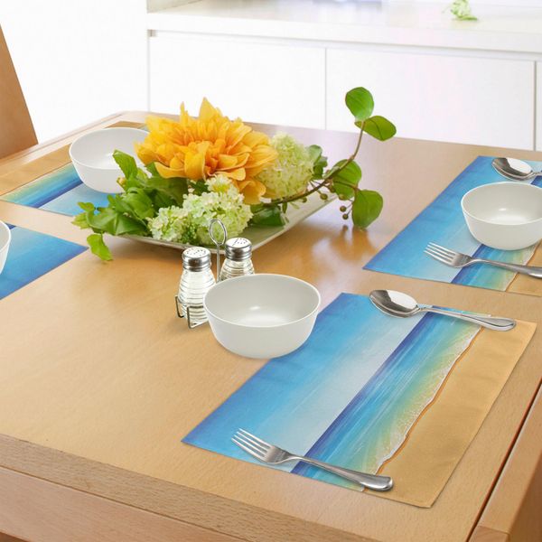 Tovagliette Abakuhaus Ocean, Paradise Beach Con Sabbia E Acqua Di Mare Estate Natura Esotica Sunny Hot Print, Tiscjdeco In Tessuto Resistente Al Lavaggio Per La Sala Da Pranzo E La Cucina, Turchese Crema-image