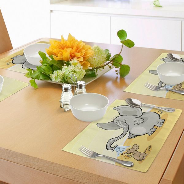 Abakuhaus Tovagliette Con Elefanti, Elefante Che Fa Il Bagno Con Il Tronco Nel Deserto Cartoon Animal Print Kids, Tiscjdeco In Tessuto Resistente Al Lavaggio Per La Sala Da Pranzo E La Cucina, Giallo Crema Grigio-image