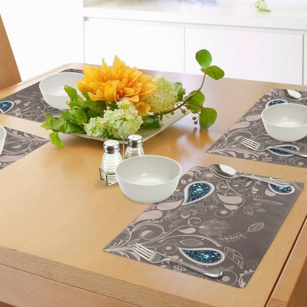 Tovagliette Abakuhaus Paisley, Motivi Orientali Con Rami Intricati E Motivi Floreali Arte Etnica Boema, Tiscjdeco In Tessuto Resistente Al Lavaggio Per La Sala Da Pranzo E La Cucina, Marrone Chiaro Verde Acqua-image