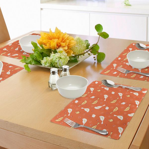 Abakuhaus Tovagliette Arancioni, Uccellini Con Cuori Che Volteggiano Su Uno Sfondo Arancione Bruciato, Tovagliette Decorative In Tessuto Resistente Al Lavaggio Per La Sala Da Pranzo E La Cucina, Arancione Giallo Bianco-image