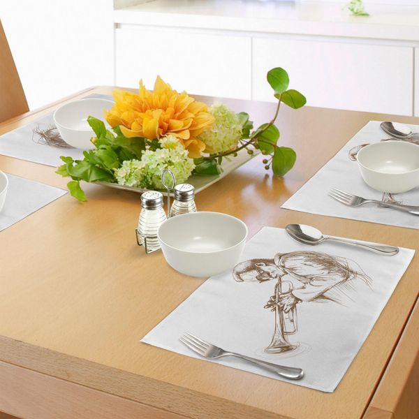 Tovagliette Musicali Abakuhaus, Jazz-Mann Che Suona La Tromba Con Un Atteggiamento - Schizzo - Immagine - Mostra Personale - Grafica - Stampa, Tiscjdeco In Tessuto Resistente Al Colore Per La Sala Da Pranzo E La Cucina, Verde Marrone Bianco-image