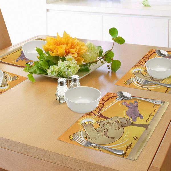 Tovagliette Abakuhaus Elefante, Elefante E Ippopotamo, Fantastico Disegno Di Animali Con Stampa Caricaturale Di Calcio, Decorazioni Da Tavola In Tessuto Resistente Al Lavaggio Per La Sala Da Pranzo E La Cucina, Arancione Viola Marrone Umbra-image