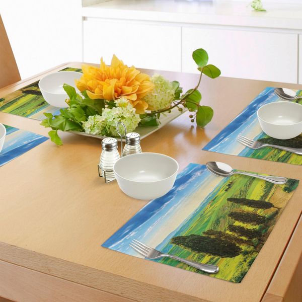 Tovagliette Abakuhaus Natur, Tramonto Rurale In Italia, Paesaggio Con Alberi, Fresh Meadows E Clear Sky Image Print, Stampa Digitale Su Tessuto Lavabile, Decorazione Da Tavola, Cucina, Verde Blu-image