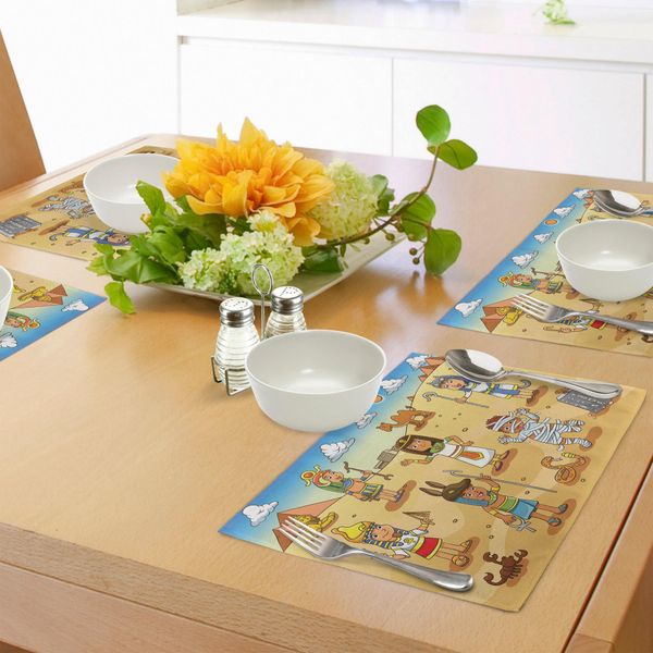 Tovagliette Abakuhaus Con Caricature, Personaggi Storici Dell'antico Egitto Con Piramidi, Cleopatra, Re, Mummia E Bambino, Tiscjdeco In Tessuto Resistente Ai Colori Per La Sala Da Pranzo E La Cucina, Multicolore-image