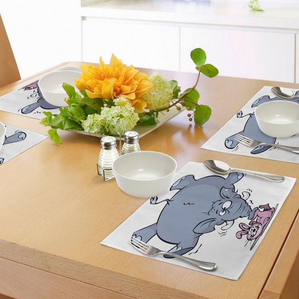 Tovagliette Abakuhaus Elefante, Coniglio, Grande Elefante Divertente Mascotte Animale Caricatura Creatura Circo In Equilibrio, Stampa Digitale Su Tessuto Lavabile Decorazione Da Tavola Cucina, Grigio Rosa Bianco-image