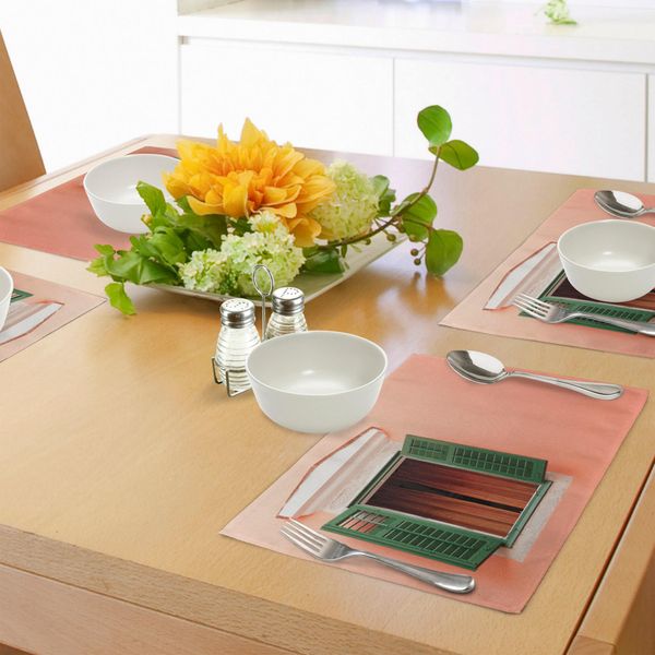 Abakuhaus Tovagliette Rustiche, Immagine Mediterranea Di Finestre E Persiane, Vecchia Casa Rurale Rustica, Tiscjdeco In Tessuto Resistente Al Colore Per La Sala Da Pranzo E La Cucina, Arancione Bianco Verde-image