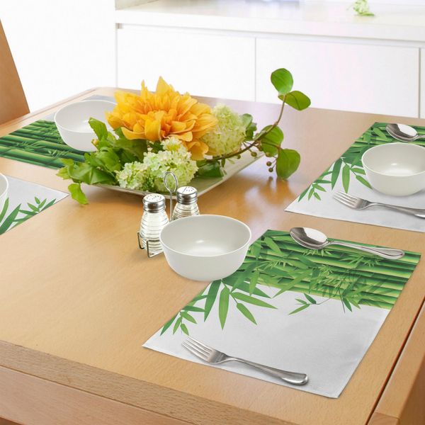 Tovagliette In Bambù Abakuhaus, Immagine Moderna Di Foglie Fresche Di Bambù Con Stampa Esotica A Tema Naturale, Tiscjdeco In Tessuto Resistente Al Lavaggio Per La Sala Da Pranzo E La Cucina, Bianco Verde-image