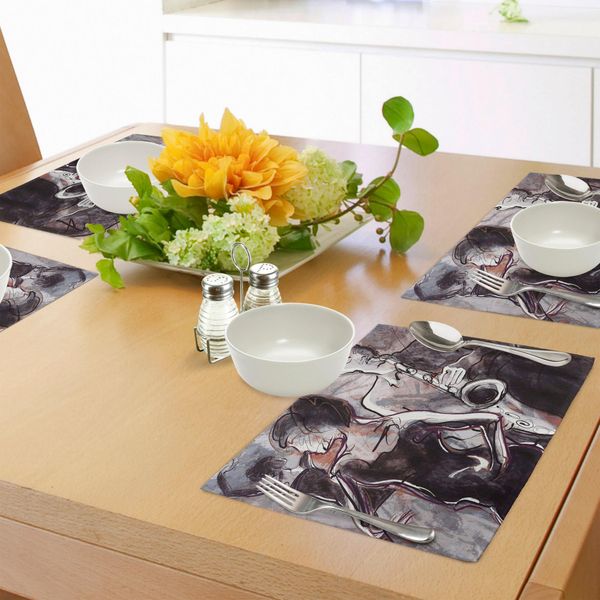 Tovagliette Abakuhaus, Illustrazione Di Un Musicista Jazz Che Suona Il Sassofono Con Un Design Classico Di Ballerini, Tovaglietta Decorativa In Tessuto Resistente Al Lavaggio Per La Sala Da Pranzo E La Cucina, Bianco, Nero, Rosa-image