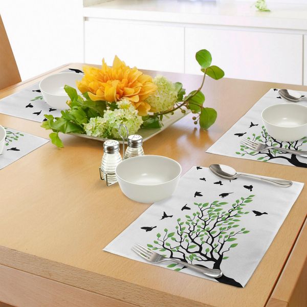 Tovagliette Abakuhaus Con Uccelli, Albero Primaverile Con Silhouette Di Uccello In Volo, Vento, Libertà, Pace, Vita, Tiscjdeco In Tessuto Resistente Al Lavaggio Per Sala Da Pranzo E Cucina, Bianco, Nero, Verde-image