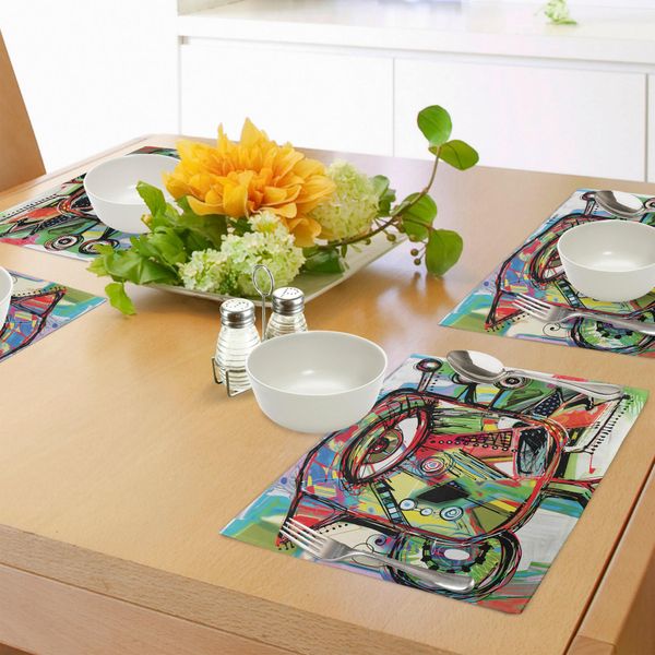 Abakuhaus Tovagliette Astratte, Scarabocchi - Uccello - Carattere - Occhi - Vista - Stupido - Ritratto - Insolito - Illustrazione Retrò, Tiscjdeco In Tessuto Resistente Al Colore Per La Sala Da Pranzo E La Cucina, Multicolore-image
