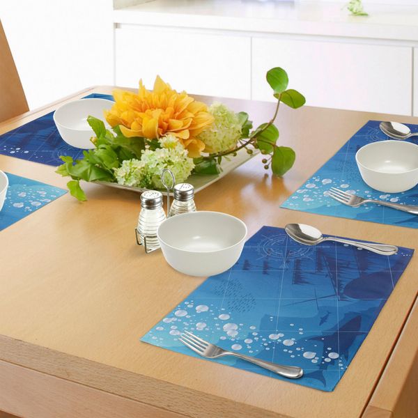 Tovagliette Nautiche Abakuhaus, Sott'acqua Con Squali, Vecchia Bussola Da Nave, Rosa Dei Venti, Illustrazione Con Bolle D'acqua Profonde, Tiscjdeco In Tessuto Resistente Al Colore Per La Sala Da Pranzo E La Cucina, Bianco E Blu.-image