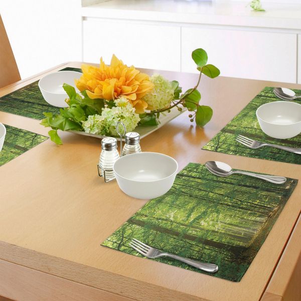 Tovagliette Abakuhaus, Bosco Di Latifoglie In Estate, Foglie, Raggi Di Sole, Vacanze Romantiche, Immagine Panoramica, Tiscjdeco In Tessuto Resistente Al Colore Per La Sala Da Pranzo E La Cucina, Verde-image