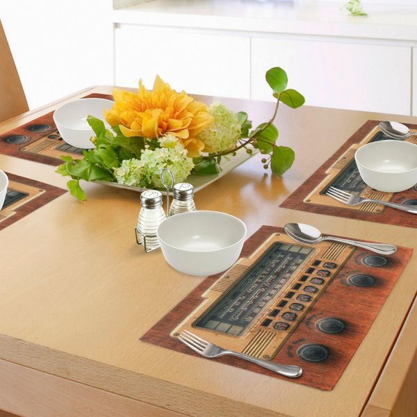 Abakuhaus Tovagliette Vintage, Stampa Artistica Tema Vacanze Con Radio Vintage Retrò E Lettore Musicale, Tiscjdeco In Tessuto Resistente Ai Colori Per Sala Da Pranzo E Cucina, Marrone Ecru-image