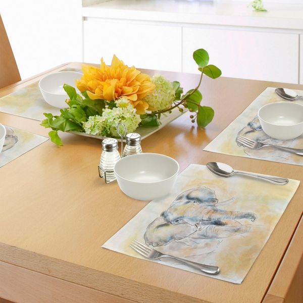 Tovagliette Abakuhaus Elefante, Illustrazione Artistica Acquerellata Di Elefante, Tema Safari Con Creature Selvagge E Animali Esotici, Decorazione Da Tavola In Tessuto Resistente Ai Colori Per La Sala Da Pranzo E La Cucina, Grigio Crema-image